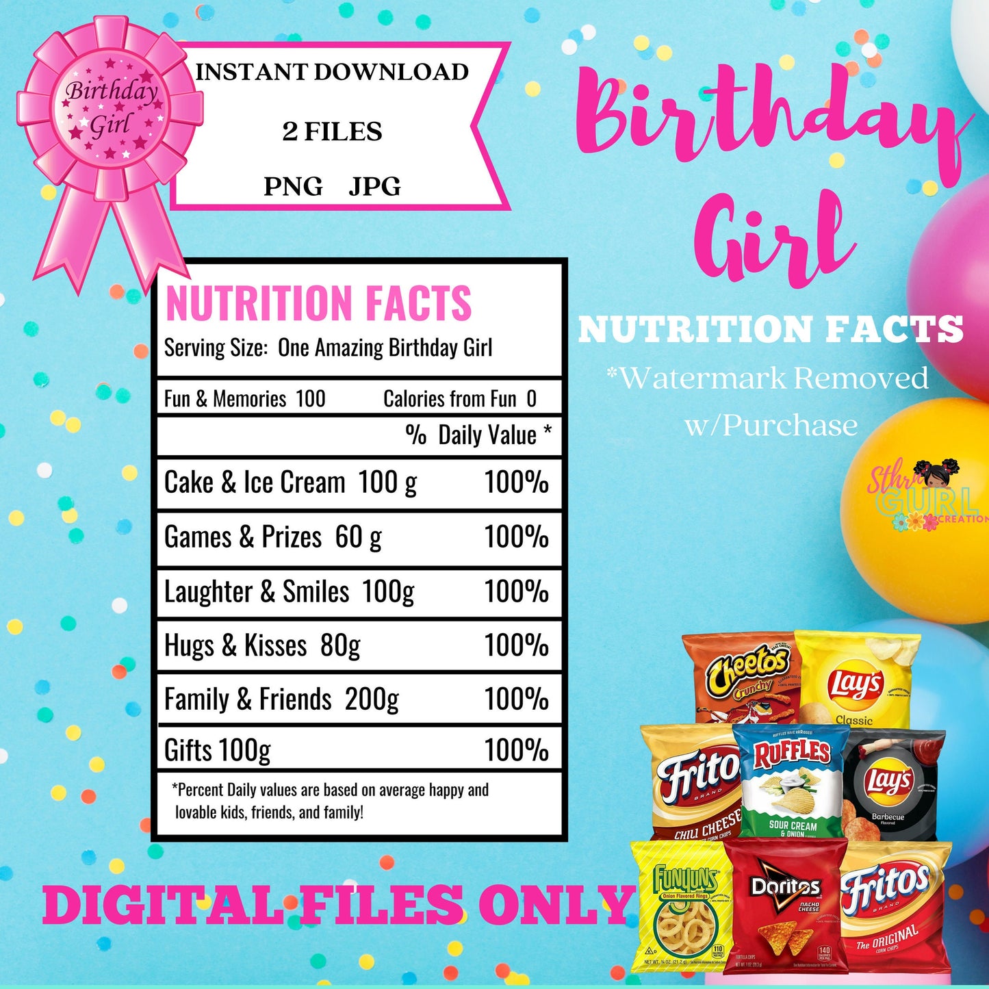 Birthday Girl Nutrition Facts Label, Custom Label, Instant Download, Chip Bag, Party Favor - SthrngurlCreations