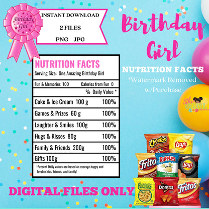 Birthday Girl Nutrition Facts Label, Custom Label, Instant Download, Chip Bag, Party Favor - SthrngurlCreations