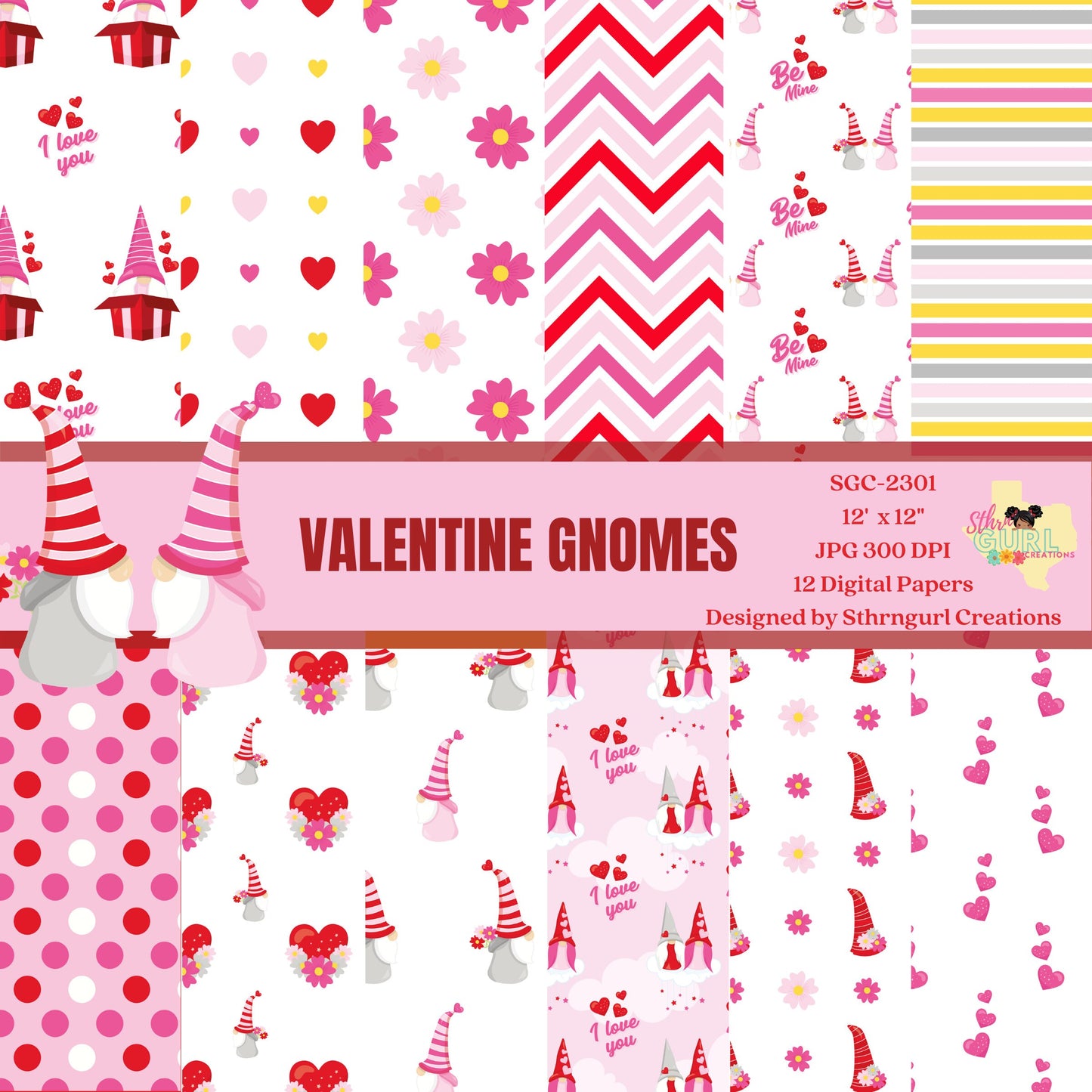 Valentine Digital Papers, Valentine Gnomes Digital Papers, Valentines Day Papers, Commercial Use, SGC-2301 - SthrngurlCreations