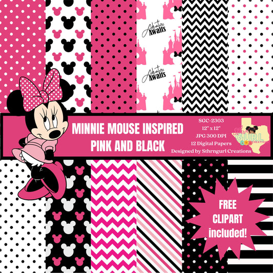 Minnie Mouse Pink digital paper FREE Clip art, scrapbook papers, wallpaper, Minnie background, polka dots, Pink Black digital papers - SthrngurlCreations