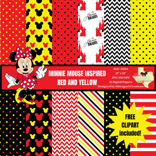Minnie Mouse Red Yellow digital paper, FREE Clip art, scrapbook papers, wallpaper, Minnie background, polka dots, Red Yellow digital papers - SthrngurlCreations
